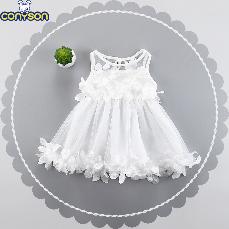 Conyson Wholesale Hot Sale 2022 Summer Cool Sweet Beach Kids Clothes Cute Lace Sleeveless Baby Girls Cotton Birthday Mini Dress