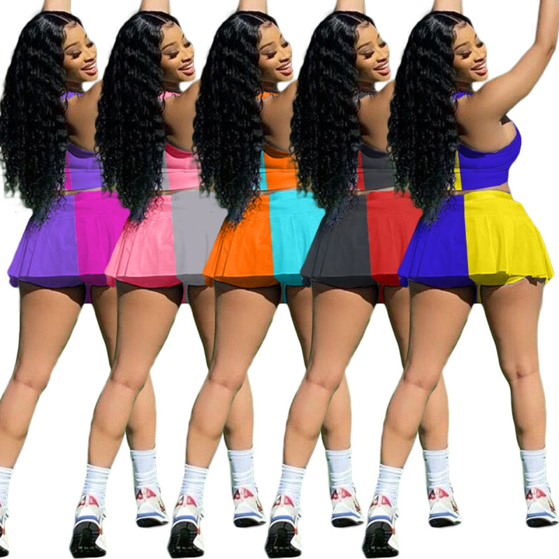 Conyson Wholesale Womens Matching Summer Outfits Women Short Set Clothing Custom Color Blocking Top Skirt  Casual Tracksuits