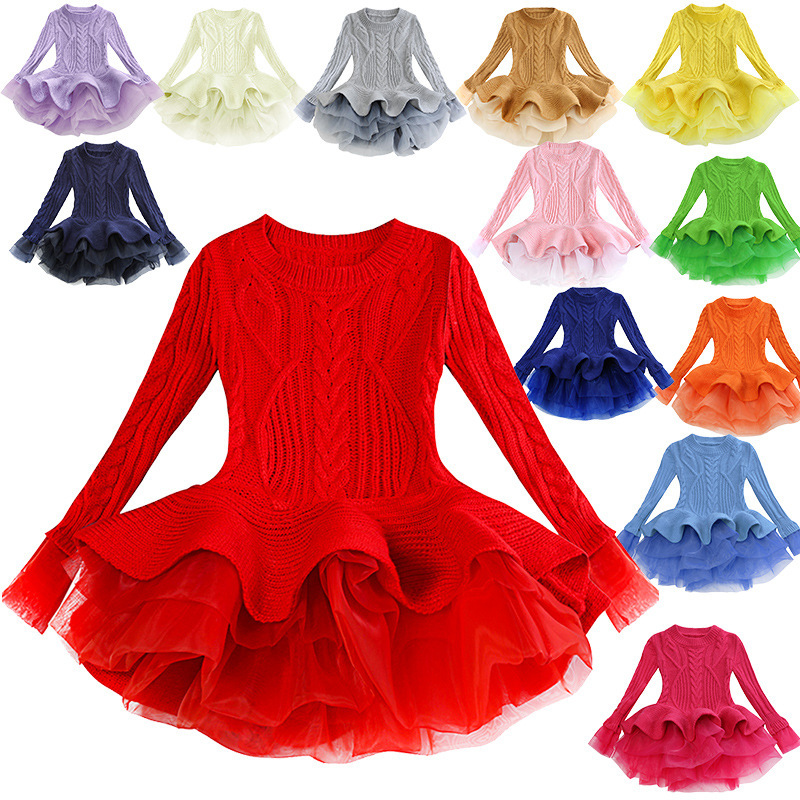 Conyson Autumn Winter Thick Warm Girls Dress Christmas Party Long Sleeve Knitted Flower Kids Sweater Dresses