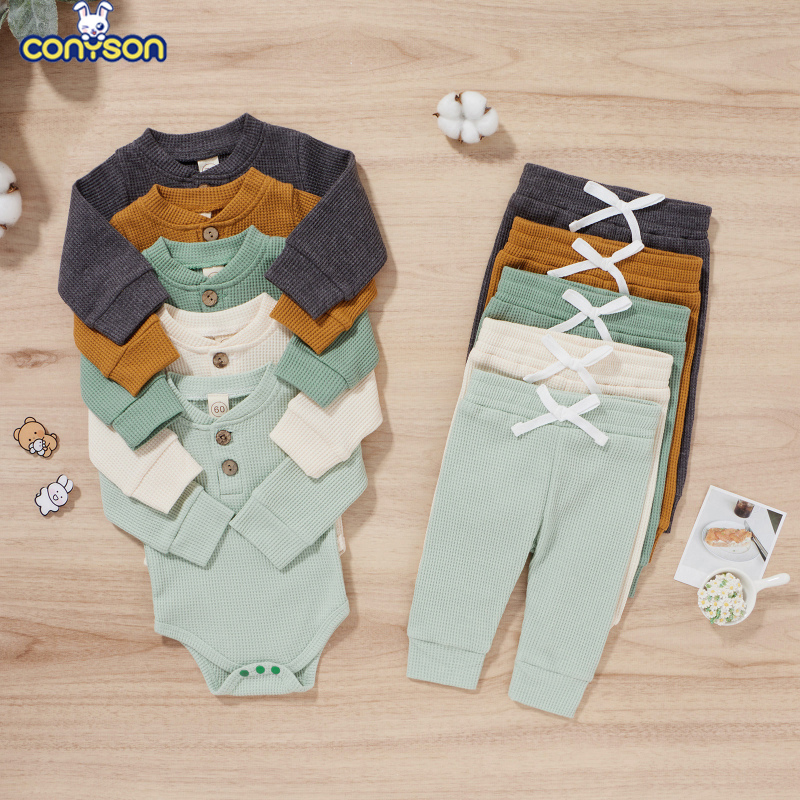 Conyson High Quality New Casual Cotton Autumn Long Sleeve Infant New Baby Clothes Romper and Pant 2Pcs Baby boys Clothing Set