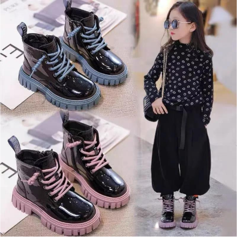 Conyson wholesale kids korean fashion designer lace-up candy color martin boot boy girls autumn winter PU Leather outdoor shoes