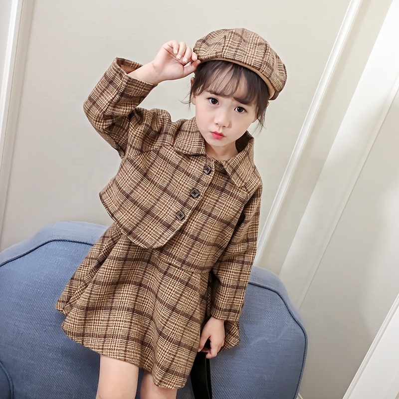 New Hot-selling Kid Plaid Set Autumn winter girls Dress And Cardigan Set 3pcs girls clothing sets