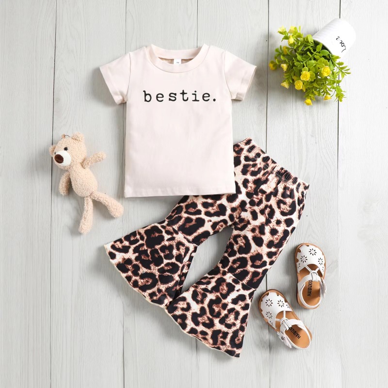 Conyson Baby Girl Clothes Set T-shirt Tops+ Leopard Print Bell-bottomed Pants Flared Pants Outfits Kids Clothes Girls Set