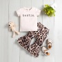 Conyson Baby Girl Clothes Set T-shirt Tops+ Leopard Print Bell-bottomed Pants Flared Pants Outfits Kids Clothes Girls Set