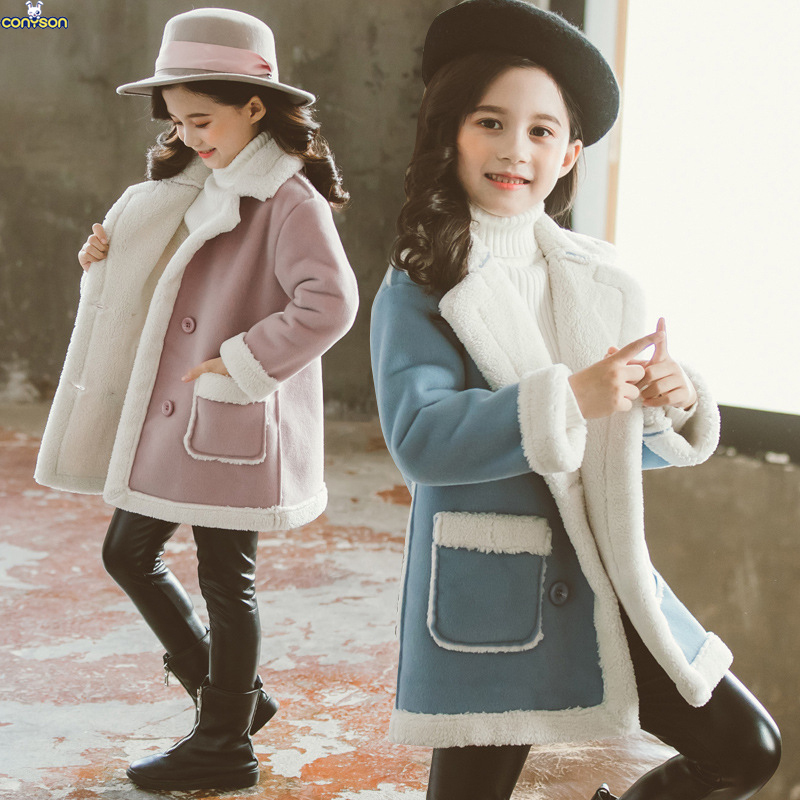 Conyson wholesale rts korean kids fashion boutique baby clothes Woolen Girl Long Sleeve Autumn Winter button fur clothing Coat