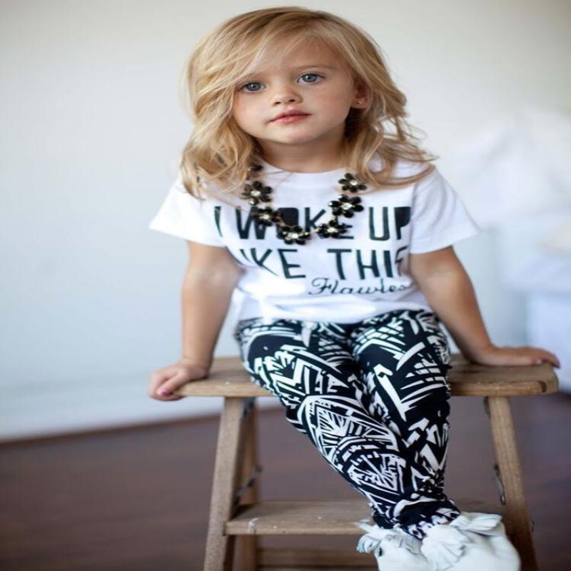 Conyson Hot Kids Summer Clothes Fashion Short Sleeve Letter Printed T-shirts+ Stripes Plaid Pants 2Pcs Baby Girls Clothing Set