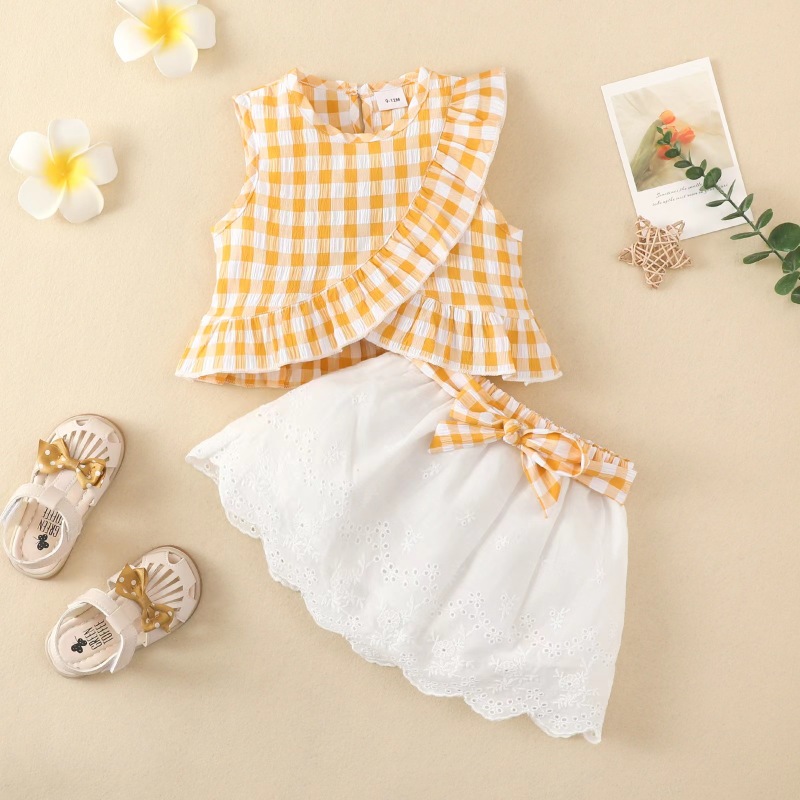 Conyson Hot Wholesale Summer Pastoral Style Sleeveless Shirring Design Bowknot 1 to 6 years old clothing Little girls set