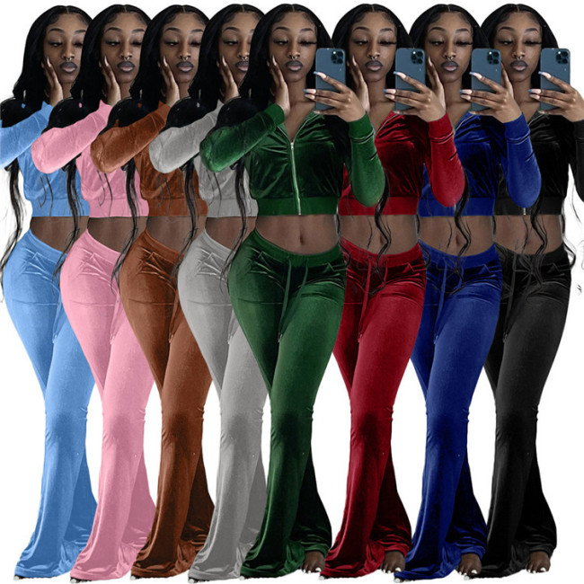 Wholesale Sweatsuit Sexy Crop Top Slim Long Sleeve Zipper Plus Size Street Two-piece Korean Cashmere Solid Color Women's Set