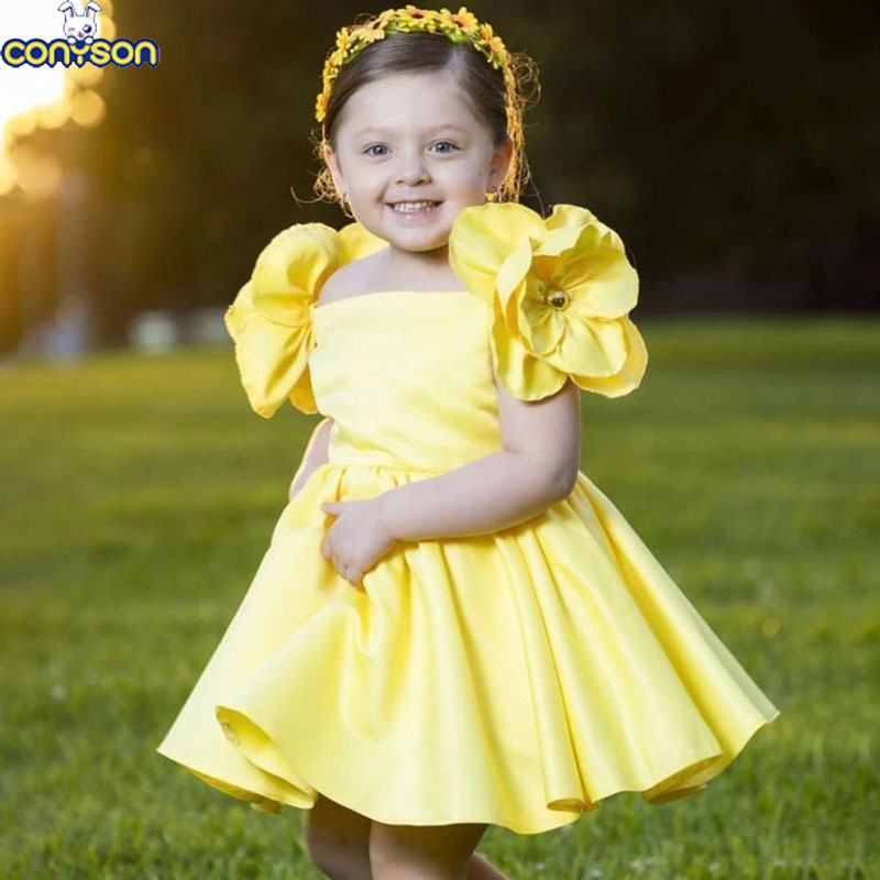 Conyson hot sale rts boutique summer fashion floral sleeve Baby Birthday solid color ball gown Kids Girls Princess Party Dresses