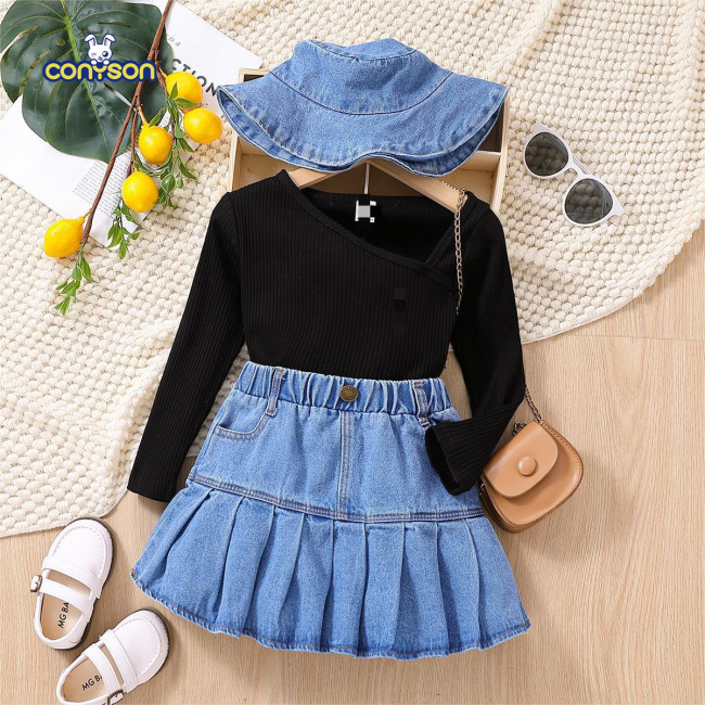 Conyson Boutique Children's Girls Clothes Sets Solid Top Jean Skirt With Hat 3 Piece Clothes Suits Spring Little Girl Outfits