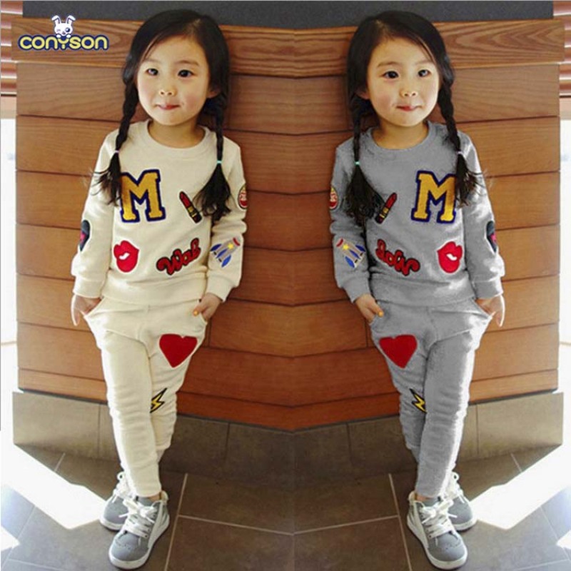 Latest Design Non-hooded Long Sleeves Cute Girl Alphabet Track Cartoon Girl autumn Kids Clothing Sets