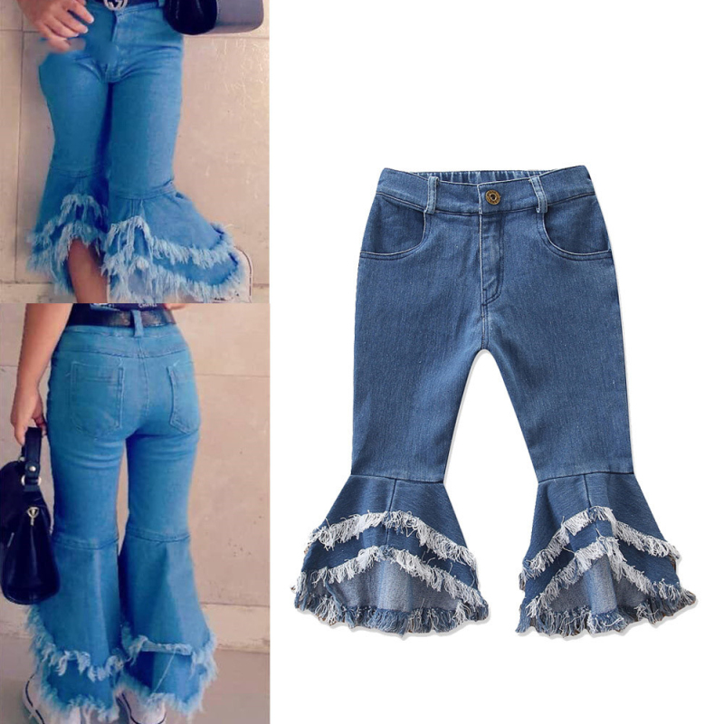 Customized Popular Stylish Denim Flared Tassel Girl Children Kids Cool Bell Bottom Trousers Elastic Waist Denim Flare Pants
