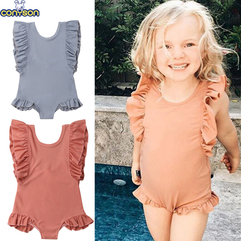 Conyson Cute Toddler Kids Baby Girls Swimwear Ruffles Sleeve Solid One Piece Summer Swimsuit Bathing Suit Bikini Clothes Kids