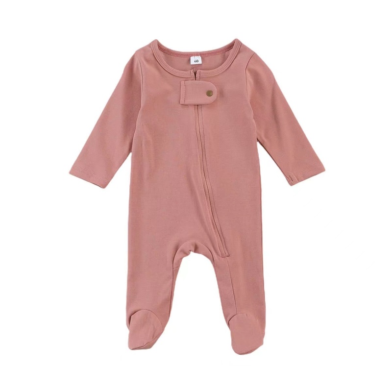 Conyson Wholesale Spring Newborn Clothes Solid Long Sleeve Infant Clothing With Foot Crew Neck Soft Cotton Baby Girls Zip Romper