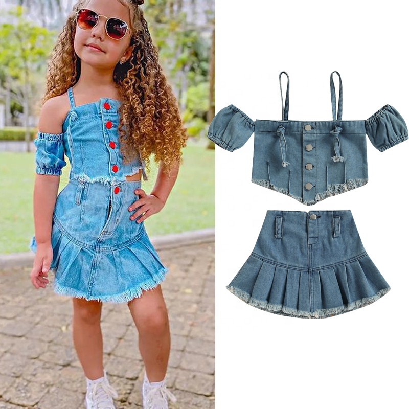 Conyson Summer Fashion Sleeveless Dresses Littler Girls Clothes Outfits Denim Shoulder Strap Bubble Sleeves Skirt 2pcs Girl Sets