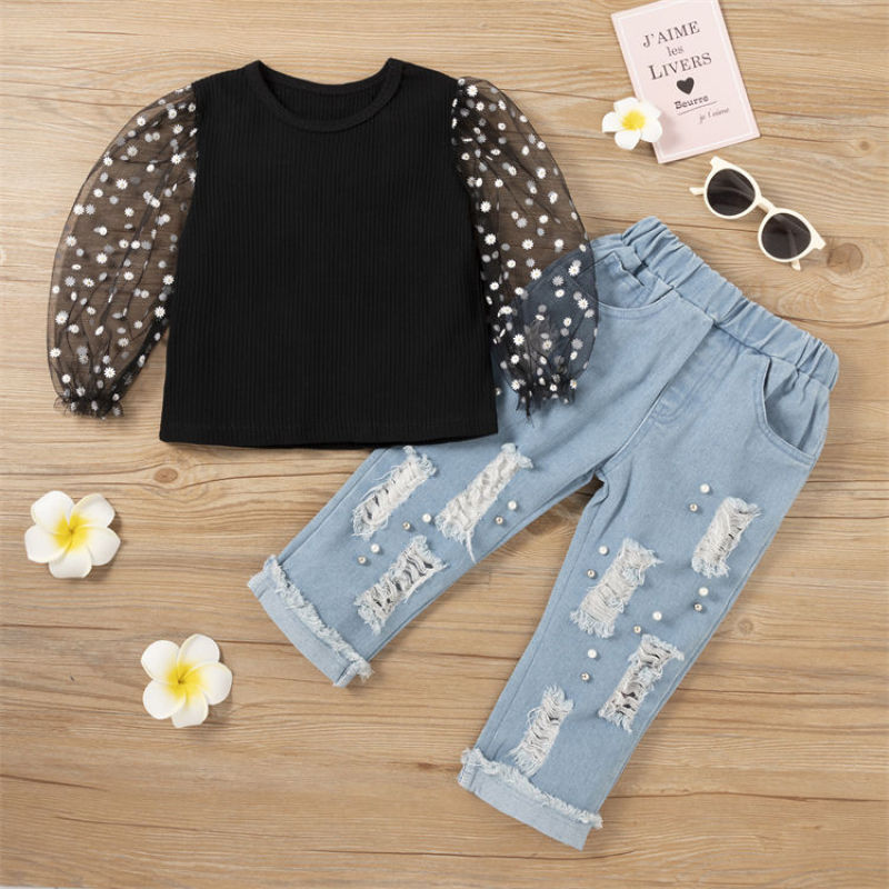 Conyson Wholesale spring autumn boutique children girls clothes hole pearl jeans sets toddler baby girls clothing sets