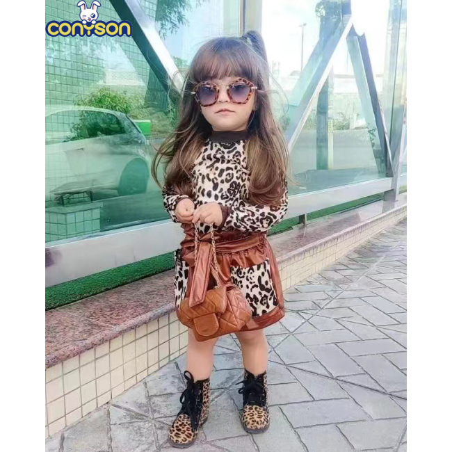 Conyson New Arrivals Spring Autumn Long Sleeve Leopard Printing 0-Neck Girls Fashion Two Piece Baby Girl Outfit 2pcs Clothes Set