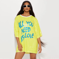 Conyson Summer Fashion Round Neck Half Sleeve Loose Beaded Printed Dress Women's Party Sequin Style Nightclub Style Women Dress