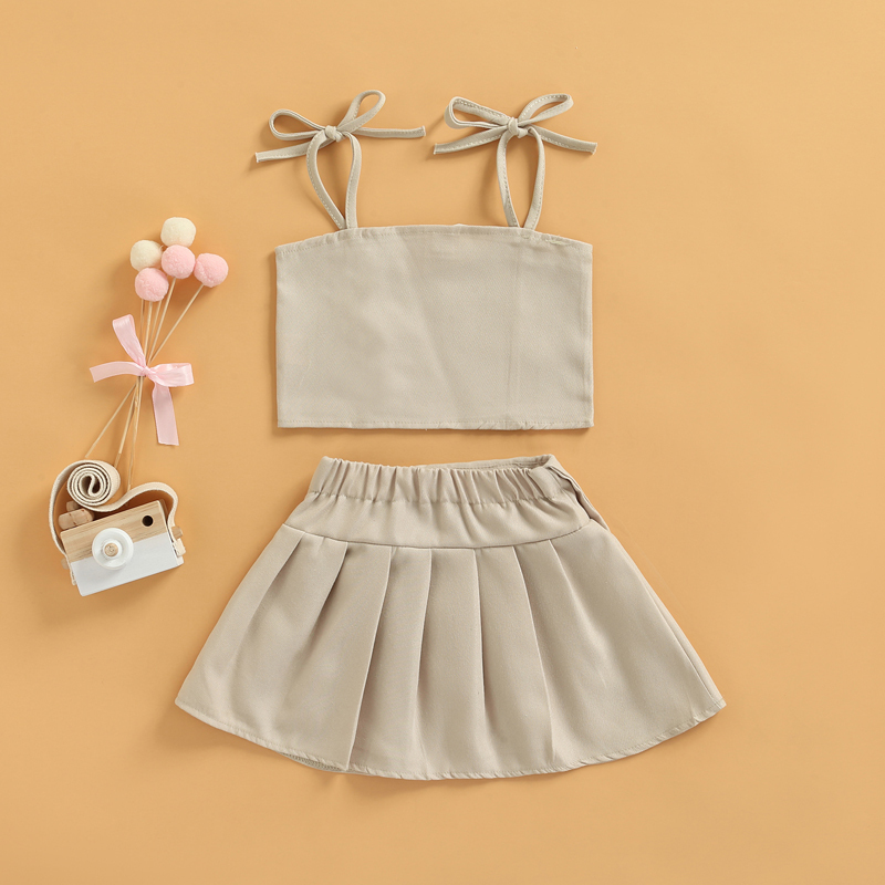 Conyosn Hot Sale New Summer Fashion Toddler Kids Baby Girls Clothes Sets Solid Strap Lace Up Vest Tops+High Waist Pleated Skirts