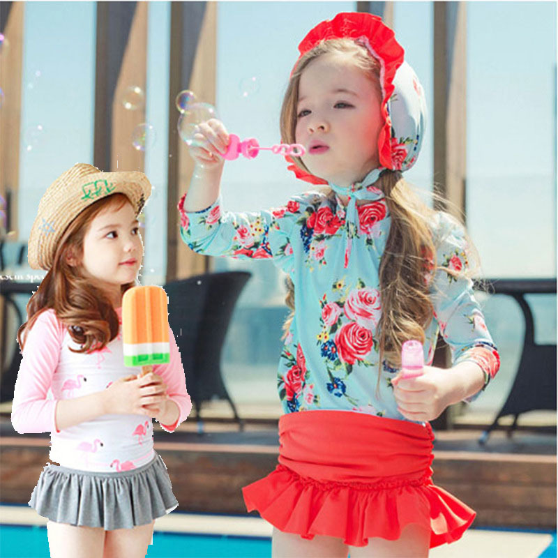 Conyson Wholesale Summer Beach Kids Clothes Two Piece Baby Girls Long Sleeve Flamingo Bikini Children Ruffle Beachwear Swimwear