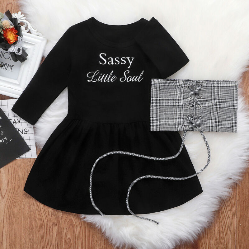 Conyson Hot Sale Cute Kids Baby Girls Dress+Belt 2Pcs Long Short Sleeve Letter A-Line Dress+Plaid Belt Vest Outfits Set