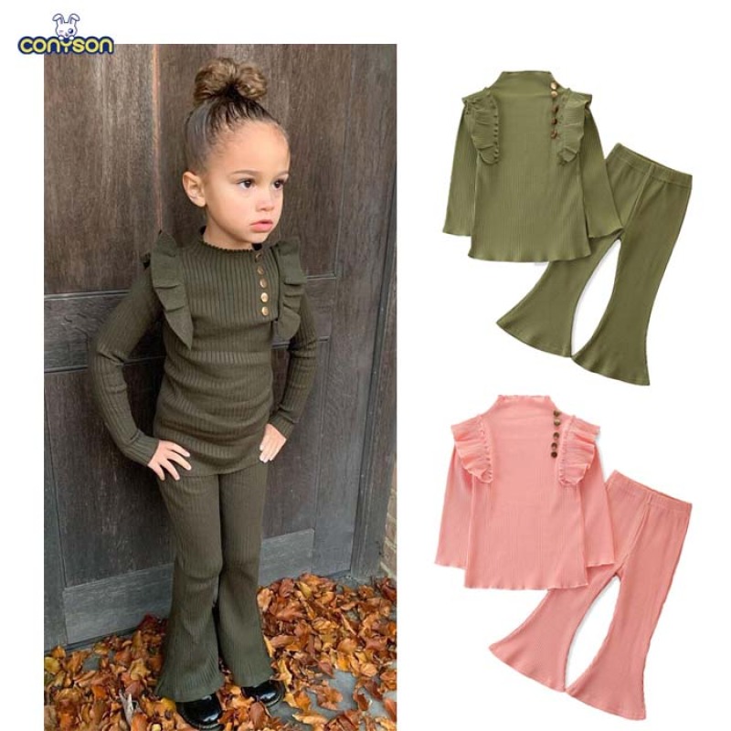 Conyson Fashion Kids Summer Girls Clothes Sets 2pcs Ruffles Solid Knit Long Sleeve Pullover Tops Flare Pants Boutique Girls Set