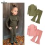 Conyson Fashion Kids Summer Girls Clothes Sets 2pcs Ruffles Solid Knit Long Sleeve Pullover Tops Flare Pants Boutique Girls Set