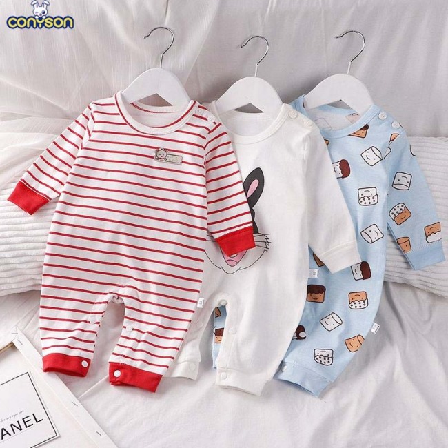 Conyson Wholesale Newborn Children Clothing Vintage Organic Pure Cotton Long Sleeves Stock Lot Cute Cartoon Baby Rompers
