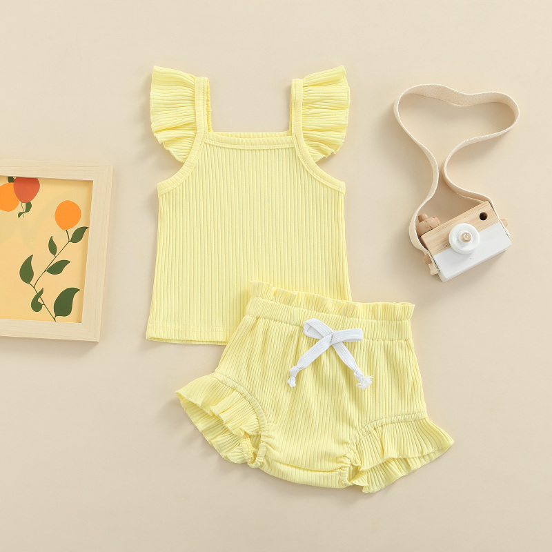 Conyson Hot Newborn Infant Baby Girl Two-Piece Solid Outfits, Solid Color Flying Sleeve Romper + Elastic Drawstring Short Pants