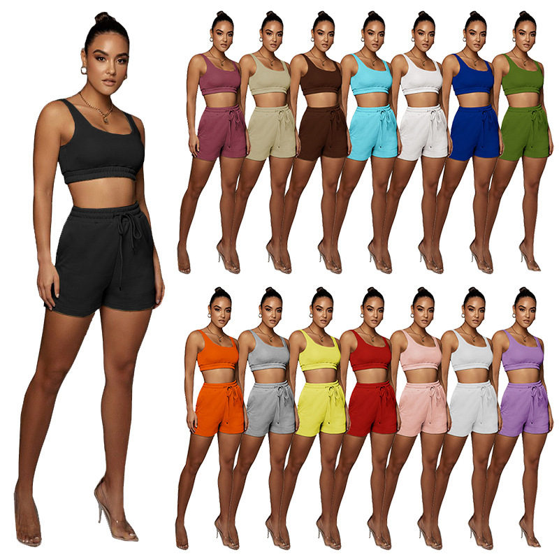Conyson Hot Solid Color Double Layer Vest Suit Popular Sports Sleeveless Stitching Ladies Vest Sports Suit Two Piece Pants Set