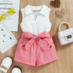 Conyson Hot Sale Girls Fashion Summer Europe Style Sleeveless V-Neck Cotton Pocket Polo Shirt Strip with bow 2 Pcs Girls Set