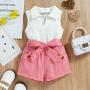 Conyson Hot Sale Girls Fashion Summer Europe Style Sleeveless V-Neck Cotton Pocket Polo Shirt Strip with bow 2 Pcs Girls Set