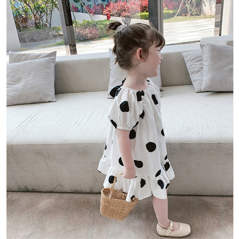 wholesale Cotton Fabric 2021 Summer Girls White Speckled Round neck narrow cuff Ruffle Dress With Short Sleeve
