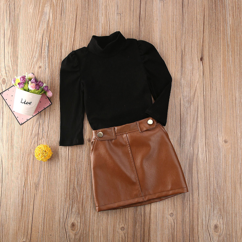 Girls Fashion Clothes 2 Pieces Suit Sweater Tops Hot Sale Kids Solid Color Long-sleeved Top Leather Skirt Girl Clothing Sets