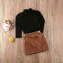 Girls Fashion Clothes 2 Pieces Suit Sweater Tops Hot Sale Kids Solid Color Long-sleeved Top Leather Skirt Girl Clothing Sets