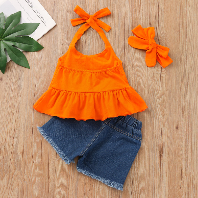 Custom Summer Off Shoulder Top Ripped Holes Denim Shorts Children Toddler Outfits Ruffle Pant Kids Baby Girls Clothing Sets