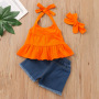 Custom Summer Off Shoulder Top Ripped Holes Denim Shorts Children Toddler Outfits Ruffle Pant Kids Baby Girls Clothing Sets