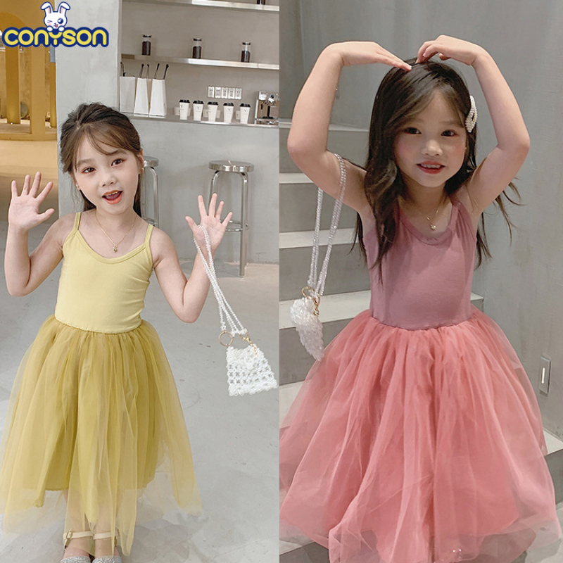 Conyson Hot Sale Summer Kids Clothes Patchwork Solid Gauze Skirt Baby Girl Sweet Outfit Lace Dancing Slip Dress for Little Girls