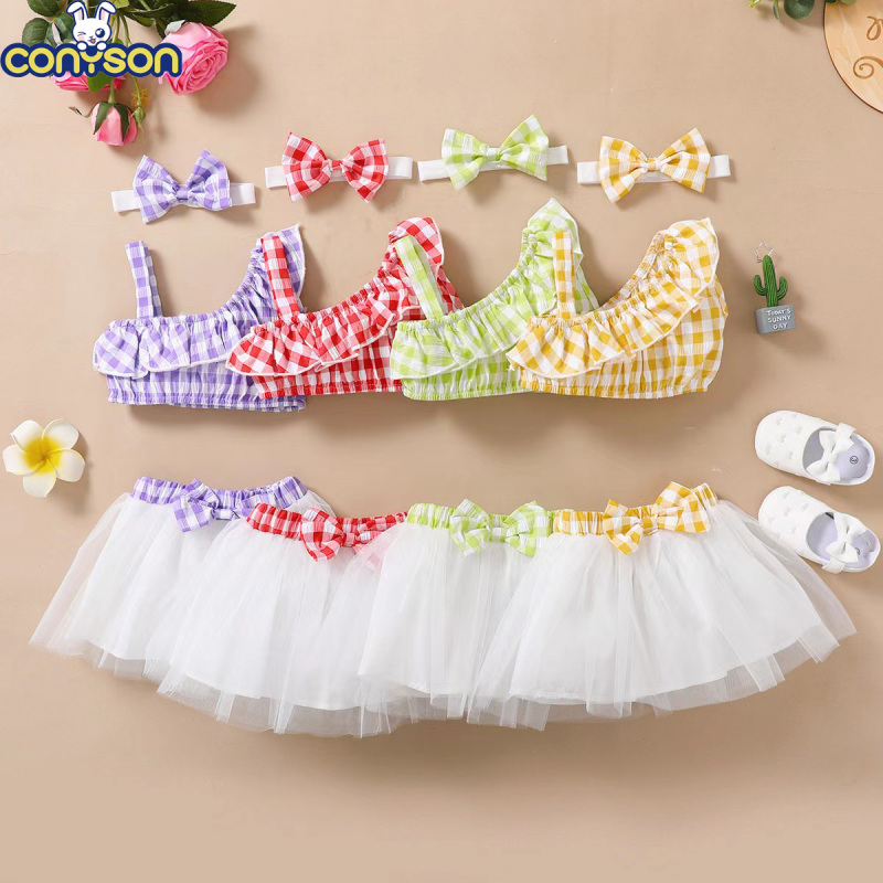 Conyson Hot Wholesale Summer Pastoral Style Sleeveless Shirring Design Bowknot 1 to 6 years old clothing Little girls set