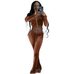 Wholesale Sweatsuit Sexy Crop Top Slim Long Sleeve Zipper Plus Size Street Two-piece Korean Cashmere Solid Color Women's Set