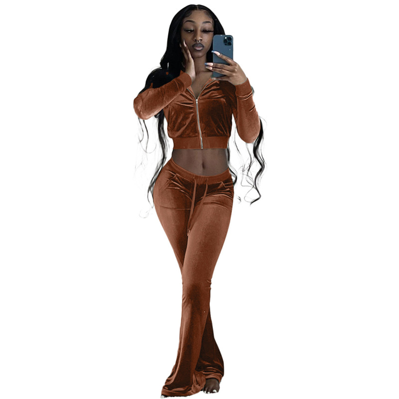 Wholesale Sweatsuit Sexy Crop Top Slim Long Sleeve Zipper Plus Size Street Two-piece Korean Cashmere Solid Color Women's Set