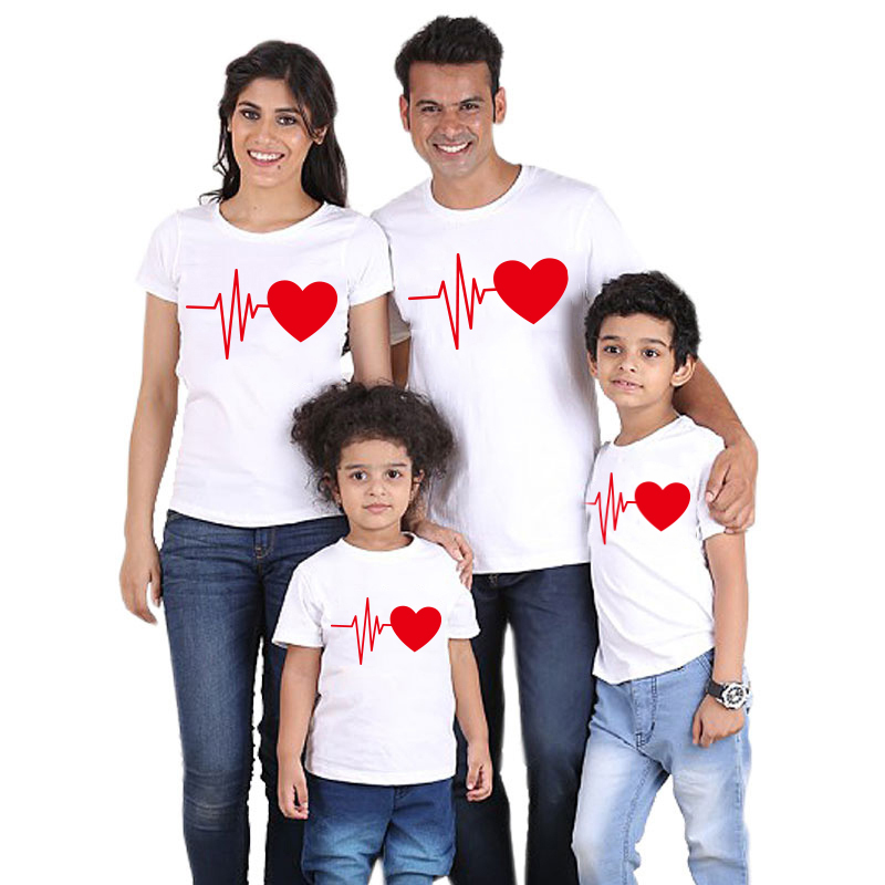 Conyson Hot Sale Family Couples Matching Parent Outfit Dad Mom Baby Girls And Me Heartbeat Printed Man Woman Kids Clothes Shirt