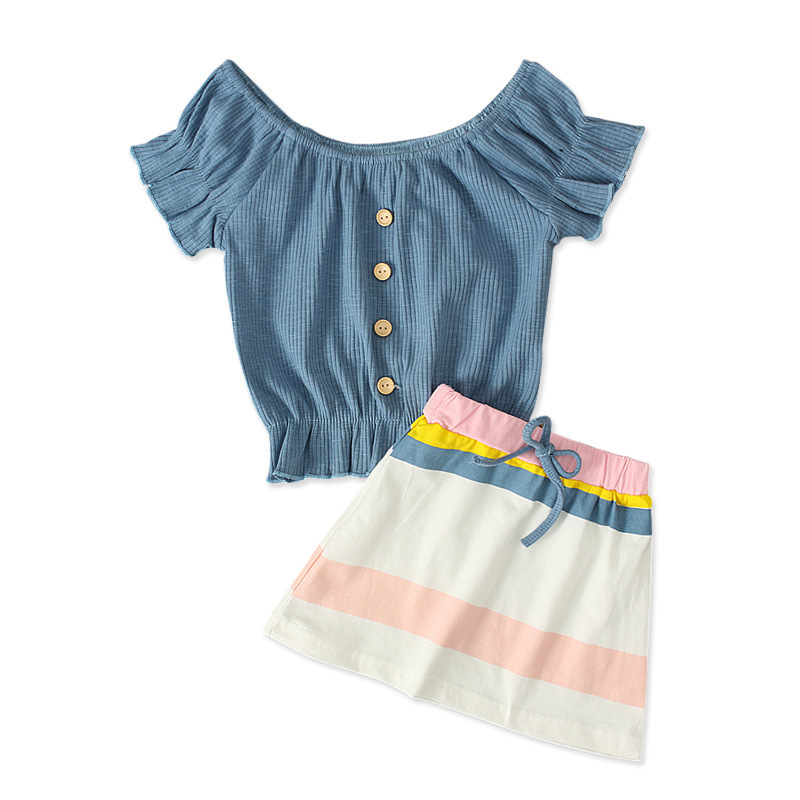 wholesale 2021 Popular Summer sweet children Print off-the-shoulder short Sleeve 2pcs baby Girl A-line band skirt clothing sets