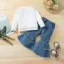Conyson Designer Long Sleeve White Pullover Top Long Denim Jeans Elastic Waist Trousers Children Girls Clothes Outfit Suits