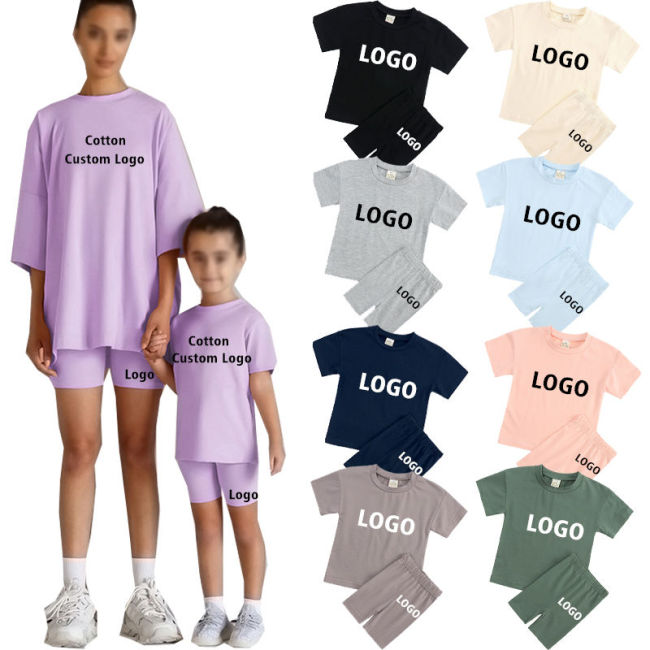 Mommy and Me Outfits Custom Logo Cotton Matching Clothes Pajamas Set Shorts Set Short Sleeves Parent-child Clothing Set 2 Piece