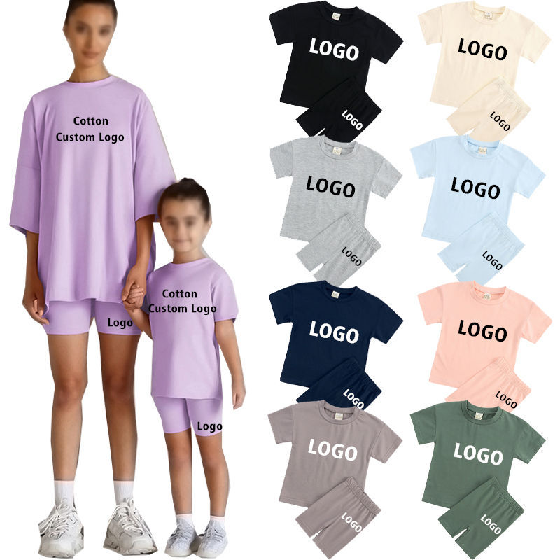 Mommy and Me Outfits Custom Logo Cotton Matching Clothes Pajamas Set Shorts Set Short Sleeves Parent-child Clothing Set 2 Piece