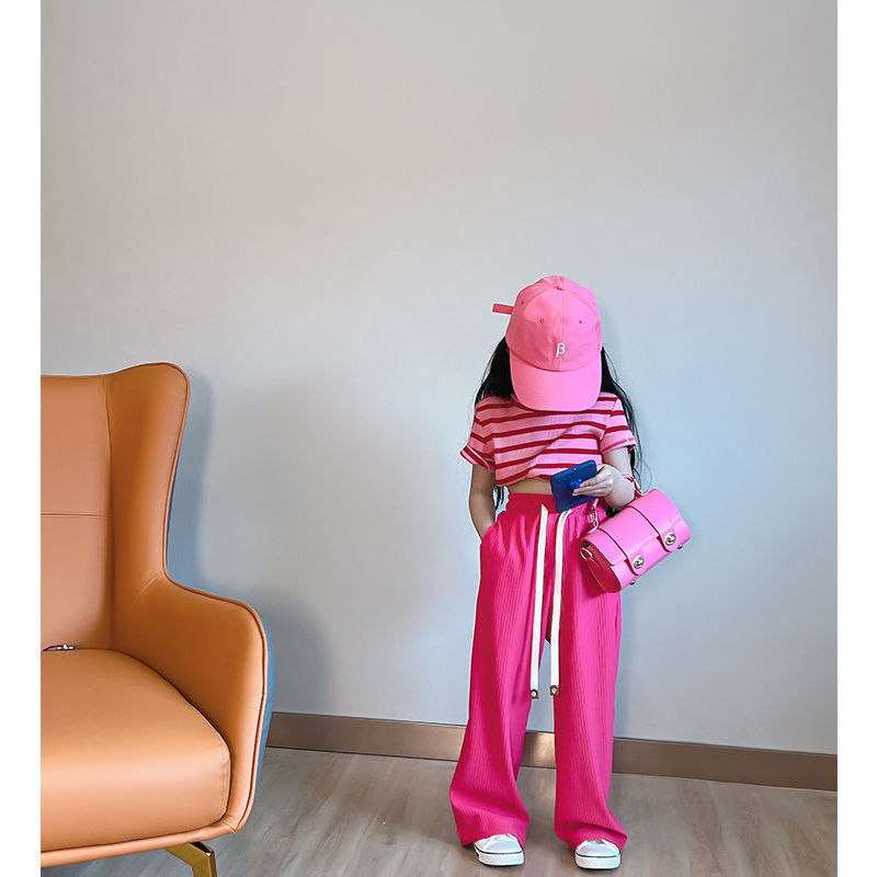 Conyson Summer Western Style Striped Short Sleeve Pink 5-10 Years Anti-mosquito Girls 2 Piece Short Set For Kids Clothing Set