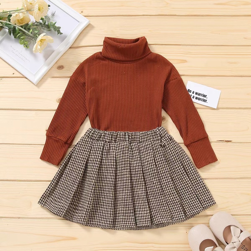 Autumn Fashion Kids Girls Clothes Sets 2pcs Solid Knit Long Sleeve Turtleneck Sweater Tops Plaid Skirts