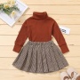 Autumn Fashion Kids Girls Clothes Sets 2pcs Solid Knit Long Sleeve Turtleneck Sweater Tops Plaid Skirts