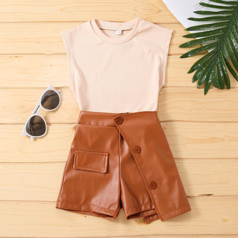 Conyson Summer Brown 1-6Y Littler Girls Clothes Set Cotton Sleeveless Vest Tops PU Leather Shorts Skirts Two Pieces Casual Suits